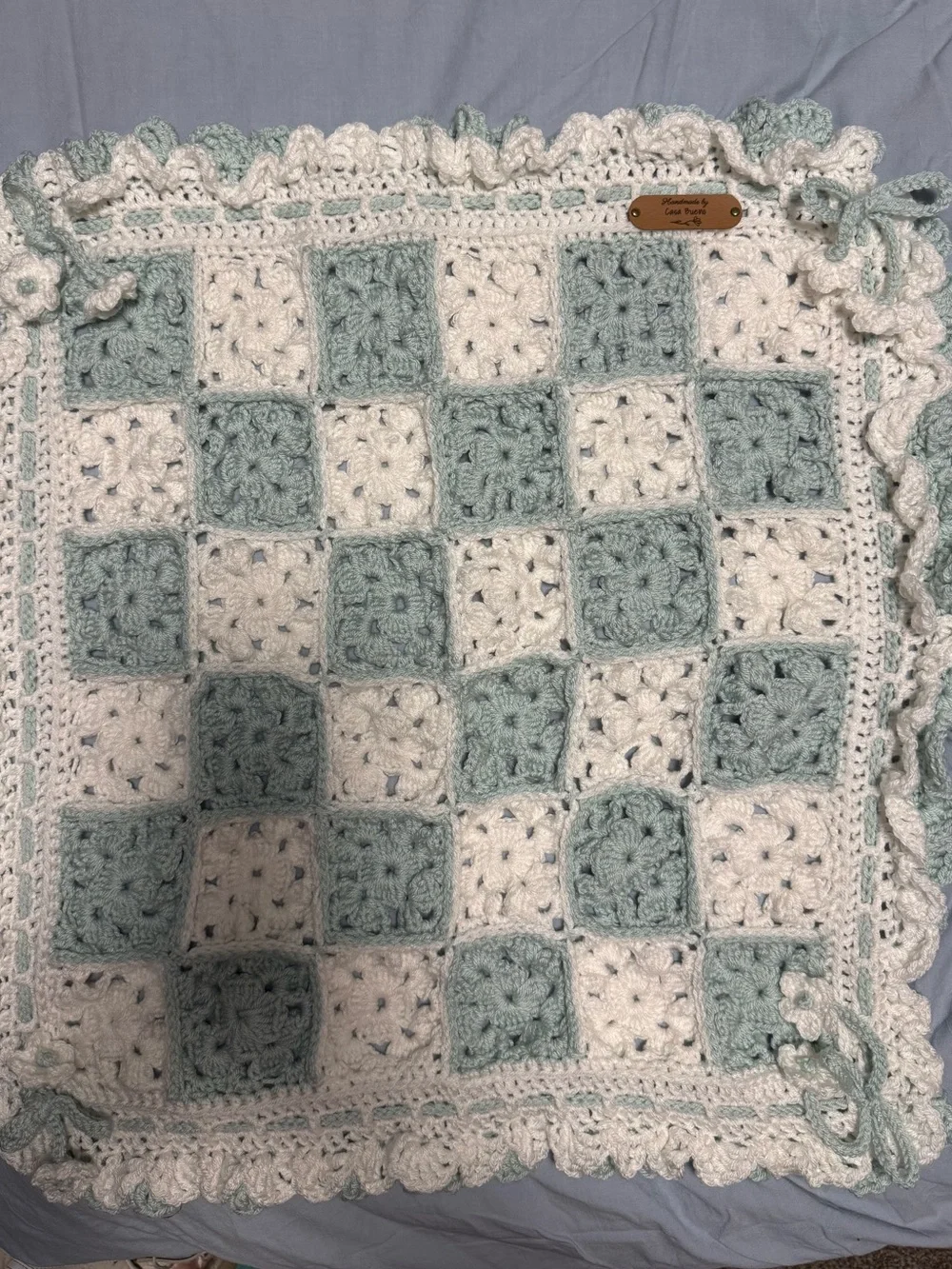 Handmade Crochet Square Throw in White and Sage